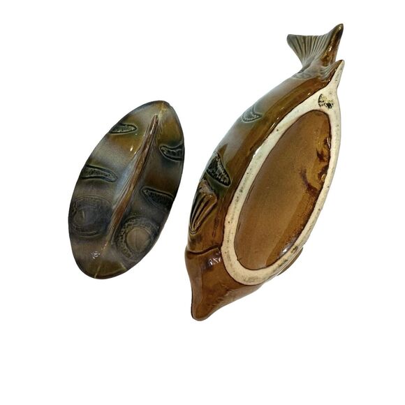 Art Glazed Pottery Fish Trinket Box Bowl With Lid Handmade Unmarked 7" - Picture 11 of 11